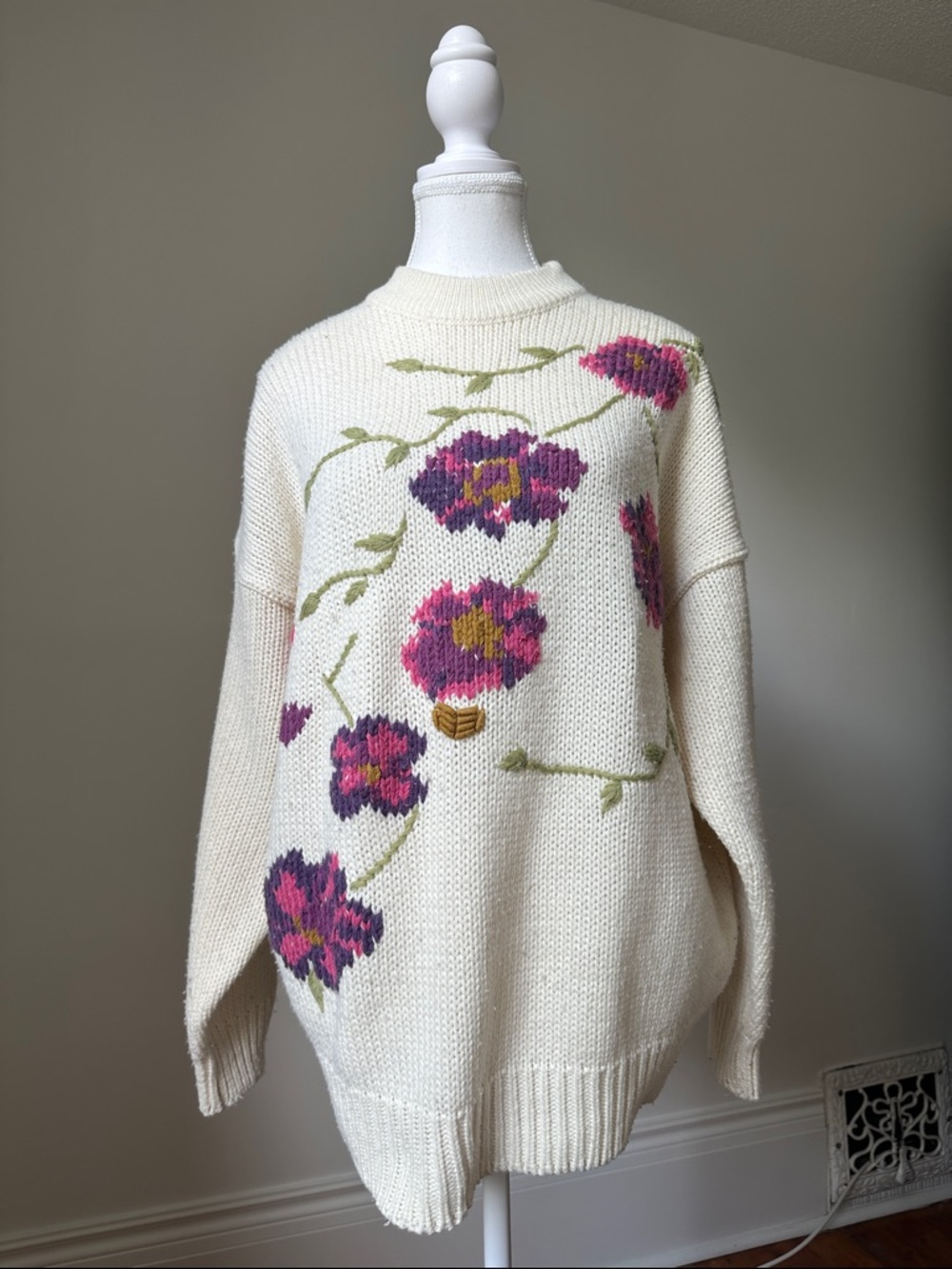 CLOCK HOUSE Vintage Cream Floral Chunky Knit Grandma Cottagecore Sweater OS‎